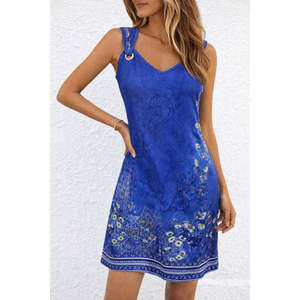 Vestido Corto con Tirantes y Escote en V para Mujer, con Detalle de Ojales y Estampado, 35418 - Azul - Product Image 3