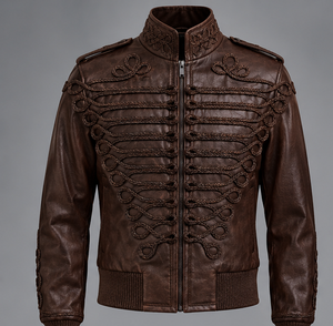Men's <b>Brown</b> <b>Leather</b> <b>Jacket</b> Stand Collar Zipper Closure - Product Image 1
