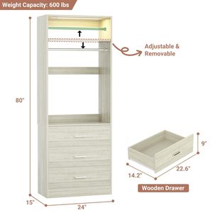 ตู้เสื้อผ้าแบบเปิดทันสมัยพร้อมไฟ LED, ตู้เก็บของในห้องนอน 3 ลิ้นชัก, ตู้เสื้อผ้าทรงสูงเพรียวบางพร้อมราวแขวนสำหรับพื้นที่ขนาดเล็ก - Product Image 2