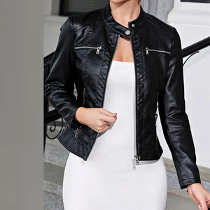 Veste en cuir véritable pour femmes haut de gamme matériau en peau de mouton à la mode Essence de moto classique avec col montant et coupe profilée - Product Image 1