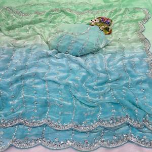 Sari en soie VASTRA COTTAGE Designer Pure Double Shade avec bordure en perles originales et chemisier richement orné - Product Image 3