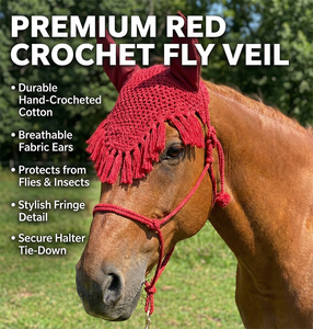 Red Crochet Horse Fly Veil <b>Tassel</b> <b>Fringe</b> Matching Ear Covers Handmade Soft Padded Comfortable High Quality Equestrian Bonnet for - Product Image 3