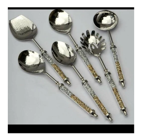 Fournisseur en gros Ensemble de serveurs à salade en acier inoxydable 2 pièces Poignée en feuille de laiton Design Artisanat Fabricants Prix le plus bas - Product Image 6