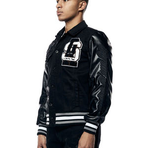 Chaqueta Varsity Negra para Hombre, Mangas de Cuero Sintético, Logotipo Bordado, Cuello Camisero, Estilo Preppy, Corte Regular, Otoño - Product Image 5
