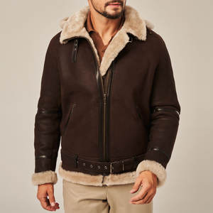 Classic Look Zipper Style Sheepskin <b>Men's</b> Bomber <b>Shearling</b> Leather <b>Jacket</b> Heavyweight Wool Material Plus Size Leather <b>Jacket</b> - Product Image 2