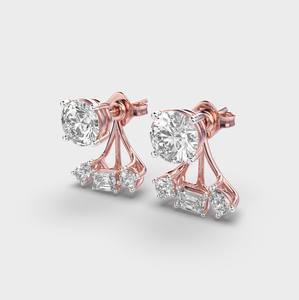 Lab Grown Diamond Designer Stud <b>Earrings</b> Round with Baguette Accents In 9K White / Rose / Yellow Gold - Product Image 2