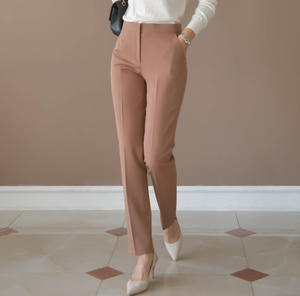 Pantalon droit taille haute anti-plis écologique pour femme, couleur unie, longueur cheville, coupe classique, fermeture éclair, idéal pour le bureau et les occasions formelles, collection Printemps - Product Image 1