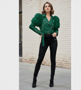 OEM Fashion Trend Women's Fox Fur Trimmed Leather Jacket Casual <b>Dress</b> - Product Image 3