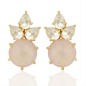 มาใหม่สีชมพู Chalcedony และคริสตัลควอตซ์พลอย925เงินสเตอร์ลิงลูกแพร์และรอบรูปร่างต่างหู - Product Image 1