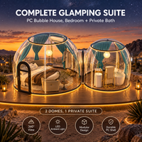 Cabane de glamping modulaire à double dôme en polycarbonate avec chambre et salle de bain privées, vue panoramique à 360 degrés