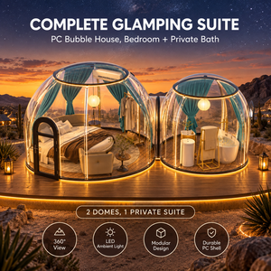 Cabane de glamping modulaire à double dôme en polycarbonate avec chambre et salle de <span class=keywords><strong>bain</strong></span> privées, vue panoramique à 360 degrés - Product Image 1