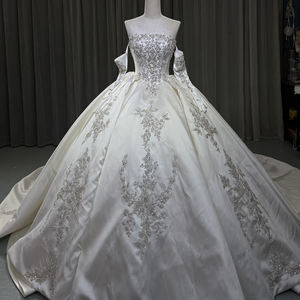 For OY017 Modern Minimalist Satin Boat Neck Chapel Train Lace Flowers Beading Wedding <b>Dress</b> - Product Image 1