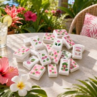 Jeu de Mahjong en Acrylique Rose et Vert 160 Tuiles Jungle Parrot, Icônes Coquillages Hibiscus, Vacances Tropicales Insulaires