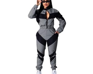 Stand Collar Color Block Stripe <b>Zip</b> <b>up</b> Long Sleeve <b>Cropped</b> Jacket and Pant 2-Piece Women's Outfit Sporty Windbreaker Tracksuit - Product Image 3