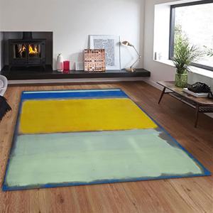 Alfombra de Lana con Diseño Abstracto Azul y Patchwork Tradicional, Ecológica, Impresa, con Base de Látex y Pelo Mediano - Product Image 1