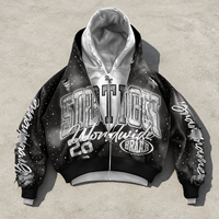 Sweat à capuche zippé pour homme, imprimé graphique personnalisé, orné de strass, style streetwear vieilli, coupe oversize, noir vintage, en tissu épais, pour fabricants et grossistes