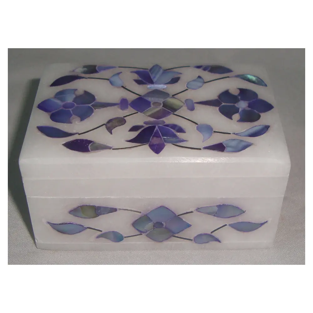 Pure White Marble Inlay Blue Mother Of Pearl Design Rectangle Shape Export Quality Super Fabulous Quality Marble Inlaid Box