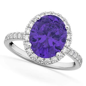 Bagues de tanzanite Halo taille ovale luxueuses avec 100% diamants naturels personnalisés à la main 14k bague de cadeau de mariage en or blanc pour elle - Product Image 1