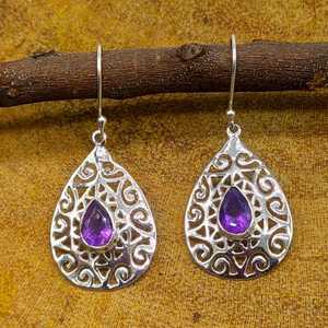 925 <b>Sterling</b> <b>Silver</b> Faceted Amethyst <b>Earrings</b> Handcrafted Bohemian Style <b>Pearl</b> Party Wear Jewelry - Product Image 1