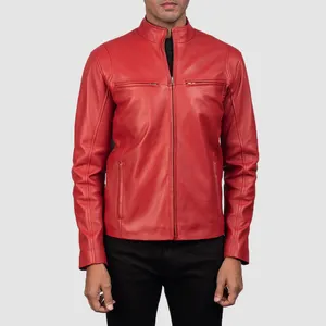 Jaket Moto kulit merah pria dengan tudung yang dapat dilepas dan oto sepenuhnya disesuaikan dan persetujuan Kualitas ukuran besar dengan kulit sapi