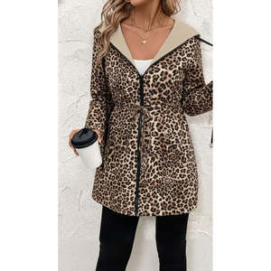 Chaqueta de viscosa de dos hilos con estampado de leopardo, manga larga, con capucha, bolsillos laterales, cordones y cremallera, 30208 - Beige - Product Image 2