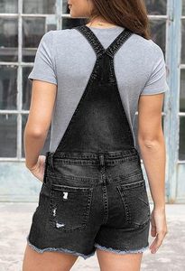 Pantalones cortos de mezclilla para mujer, mono clásico con babero, pantalones cortos, mono con correas ajustables y dobladillo con puños, Mono vaquero informal de verano - Product Image 6
