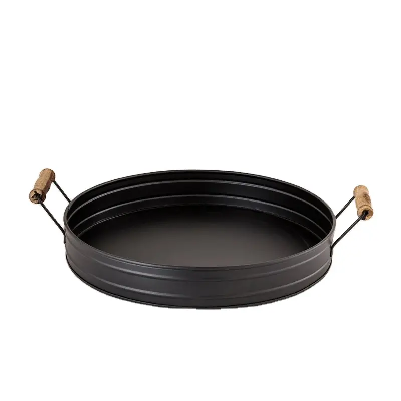 High quality luxury metal black round serving tray with handles high quality metal best selling serving tray matte black