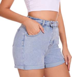 Pantalones cortos de mezclilla de cintura alta para mujer Pantalones cortos de mezclilla con dobladillo elástico Pantalones cortos de mezclilla con puños de verano transpirables - Product Image 4