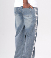 En gros Jean à taille haute pour homme, élégant, extensible, à carreaux, décontracté, coupe évasée, effet vieilli, orné de perles, à fentes, style vintage
