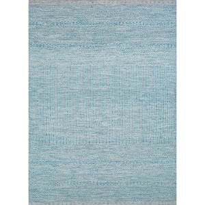 พรมขนสัตว์ผสมปอกระเจาสีน้ำเงินแบบทอเรียบ ขนาดใหญ่ 9x12 ฟุต รูปทรงสี่เหลี่ยมผืนผ้า ทำด้วยมือ สำหรับทางเข้าบ้าน ลายแบบนามธรรม เหมาะสำหรับใช้ในโถงทางเดิน - Product Image 1