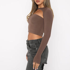 <b>Women's</b> Summer Printed Street T-Shirt <b>Sexy</b> Cutout Crop Long Sleeve Tank with U-Neck Solid Color Fall/Winter Collection - Product Image 3