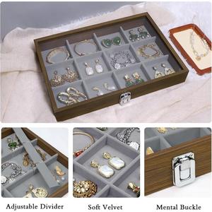 Affichage de bijoux en bois 12 grille empilable exquis porte-bijoux Portable anneau boucles d'oreilles collier organisateur boîte avec couvercle - Product Image 3