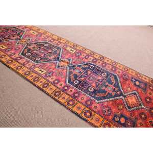 3.4x11.5 ft Rug, Vintage Rug, Turkish <b>Red</b> <b>Wool</b> Ikat Rug - Product Image 3