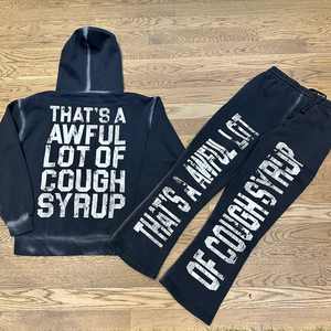 Streetwear personnalisé évasé imprimé graphique hommes ensemble de pantalons de survêtement à capuche de grande taille avec bord coupé à l'ourlet brut - Product Image 2