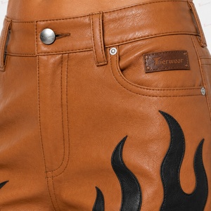 Shorts en cuir marron taille haute avec imprimé flamme noire STREETWEAR pour femme, imperméables, respirants, écologiques, à braguette boutonnée - Product Image 6