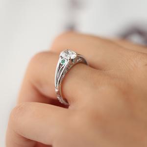 10x8mm Oval Cut <b>Moissanite</b> Vintage Engagement <b>Ring</b> with Green Side Stones | White Gold Bridal Jewelry - Product Image 5