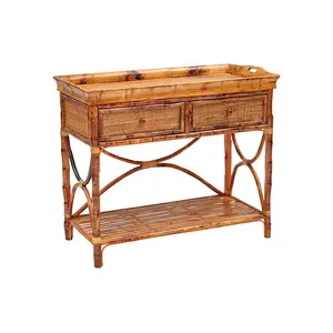 Antiqued <b>Rattan</b> Bar <b>Table</b> Masterpiece <b>Rattan</b> Two-tier <b>Table</b> for Displaying Liquor Collection - Product Image 4