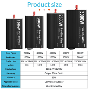 Inversor de Onda Sinusoidal Pura DC 12V 24V a AC 220V, Potencia Máxima 1500W 2000W 2500W 3000W, Cargador para Sistema de Respaldo Solar Fuera de Red para el Hogar - Product Image 6