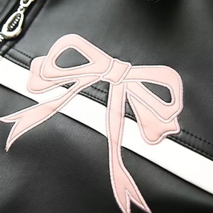 Chaqueta con lazo fresco de piel sintética de estilo callejero para mujer, chaqueta de PU de manga larga dulce, ropa de calle, ropa de abrigo con cremallera - Product Image 5