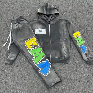 Survêtement Streetwear personnalisé tendance pour unisexe Vintage Wash Sweat à capuche zippé et pantalon de survêtement à cordon avec doublure en satin - Product Image 1