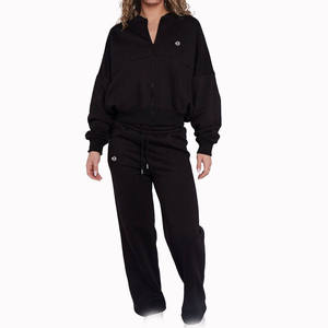 <b>Women</b> <b>Black</b> <b>Fleece</b> Zip Front Tracksuit Set Relaxed Fit Sweatshirt Jogger Pants Winter Casual Apparel Wholesale exporter - Product Image 1