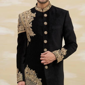 DAZZLING HEAVY DESIGNER GROOM <b>BLACK</b> SHERWANI & <b>PANT</b> DRESS WITH EMBELLISHED CRYSTAL GLASS BEADS,DABKA <b>WORK</b> for WEDDING=2025 - Product Image 1