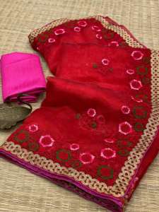 Tendance Outfit Haute Qualité Doux Organza Saree Broderie Travail Contraste Passepoil Travail Avec Blouse Fabrication De Surat - Product Image 6