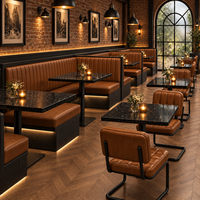Meubles de salle à manger industriels pour café, table sur piétement en pierre noire avec chaises en cuir rembourré marron, ensemble de meubles de restaurant commercial