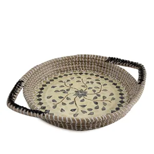 ถาดทรงกลมประดับมุกสินค้ามาใหม่ถาดทอพร้อมแผ่นไม้นวดหญ้าทะเล - Product Image 1