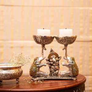 Portavelas Decorativo para el Hogar con Dos Elefantes y Ganesha - Product Image 2