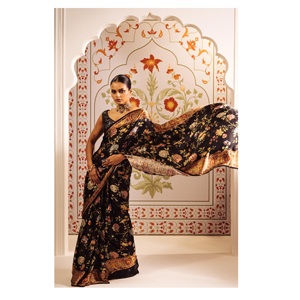 Sari de seda satinada exclusivo tradicional indio Sari Impresión digital Sari Elegante nupcial Ropa de fiesta de boda Boutique India Más buscado - Product Image 1