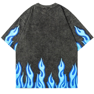 T-shirt en coton anti-rétrécissement délavé à l'acide 300Gsm pour homme 100% sérigraphié avec motif flamme épaules tombantes coupe surdimensionnée" - Product Image 4