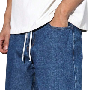 Mens Blue Solid Breathable Wide Leg Denim <b>Jeans</b> Drawstring <b>Elastic</b> <b>Waist</b> Loose Fit Straight Leg Casual Washed Pants Full Length - Product Image 3