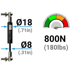 Vérin à gaz cylindrique en acier peint noir MotionStruts LS08BJ-150-372-F1 18mm-8mm 372mm 14.65in 50N-800N pour hayon de voiture et bateau - Product Image 2